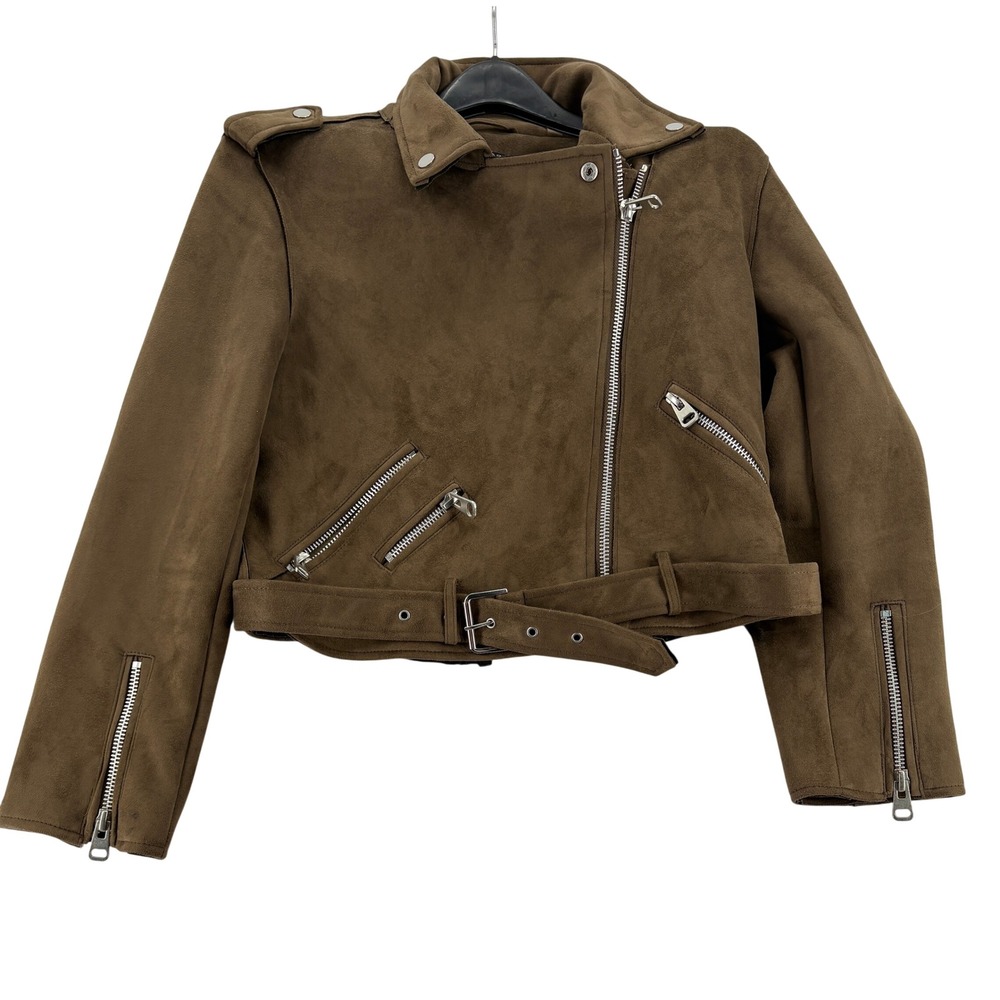 T Tahari Moto Jacket Brown Small Faux Suede Asymmetric Zip Belted Cropped